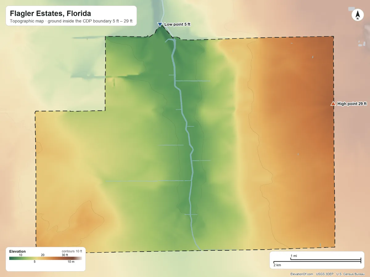 Topographic elevation map of Flagler Estates, Florida, shaded from 5 ft on the northwest side to 29 ft on the east side