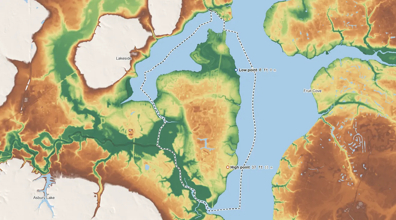 Topographic elevation map of Fleming Island, Florida, shaded from 0 ft on the northeast side to 37 ft on the southeast side