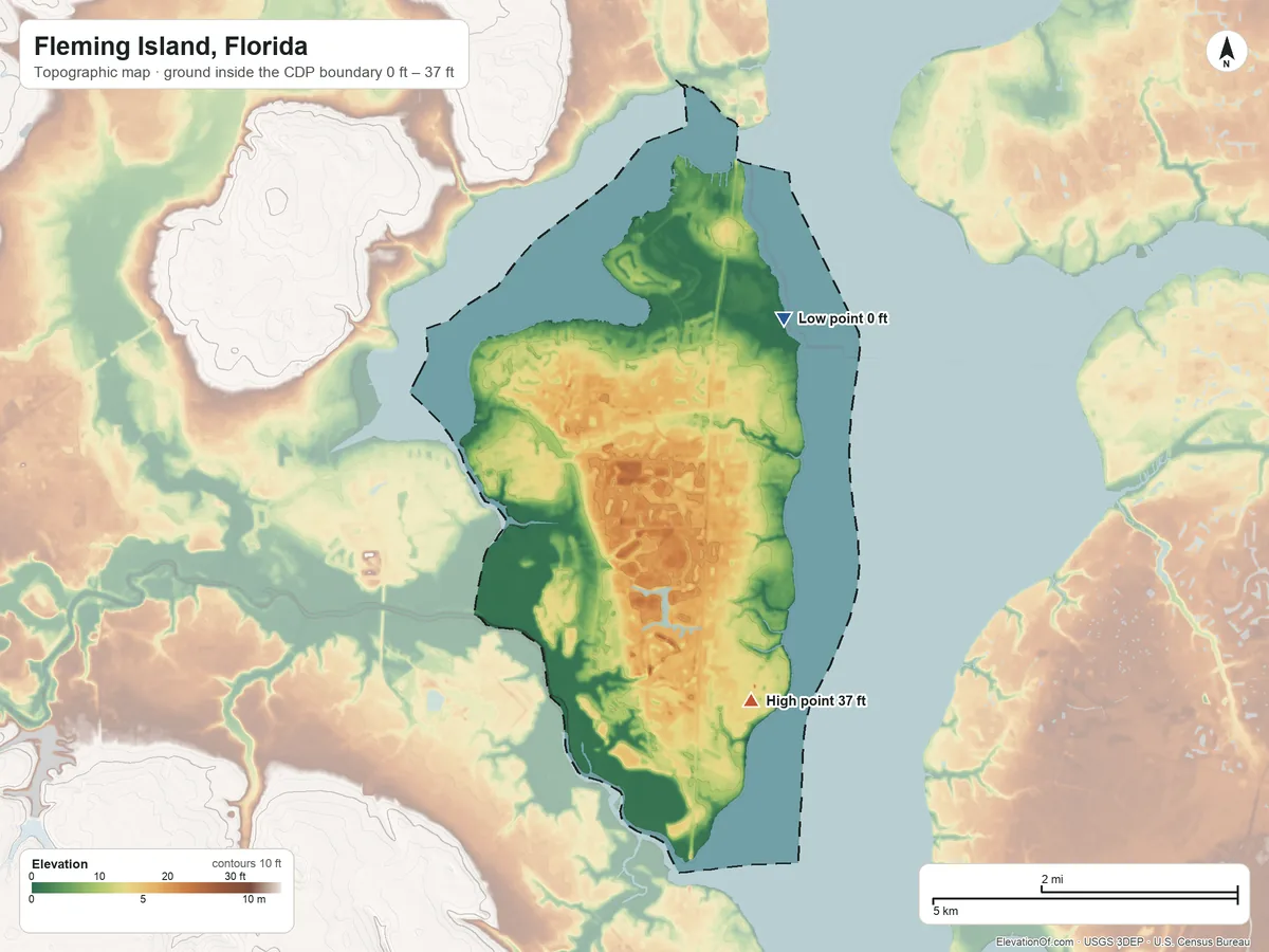 Topographic elevation map of Fleming Island, Florida, shaded from 0 ft on the northeast side to 37 ft on the southeast side