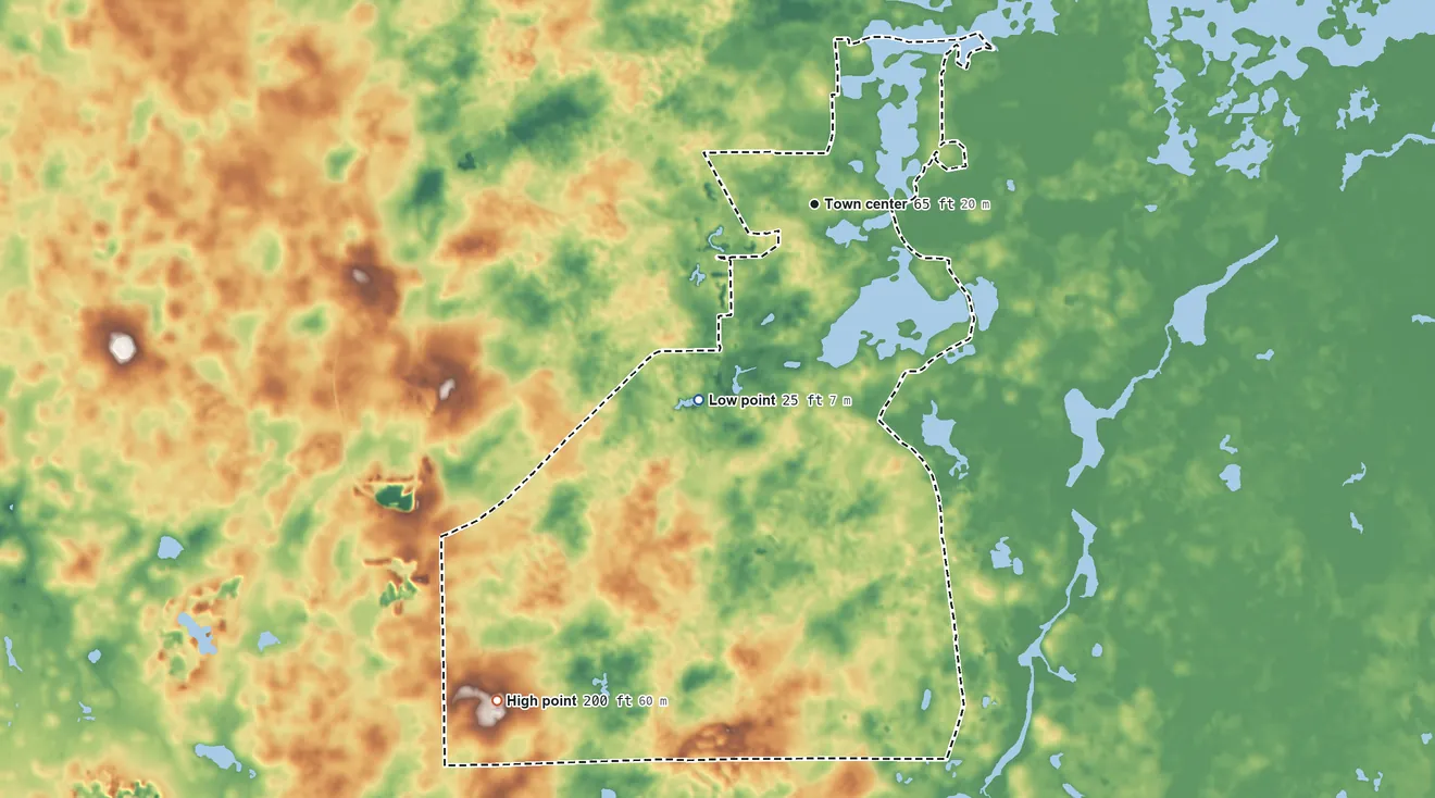 Topographic elevation map of Floral City, Florida, shaded from 25 ft on the southwest side to 200 ft on the southwest side