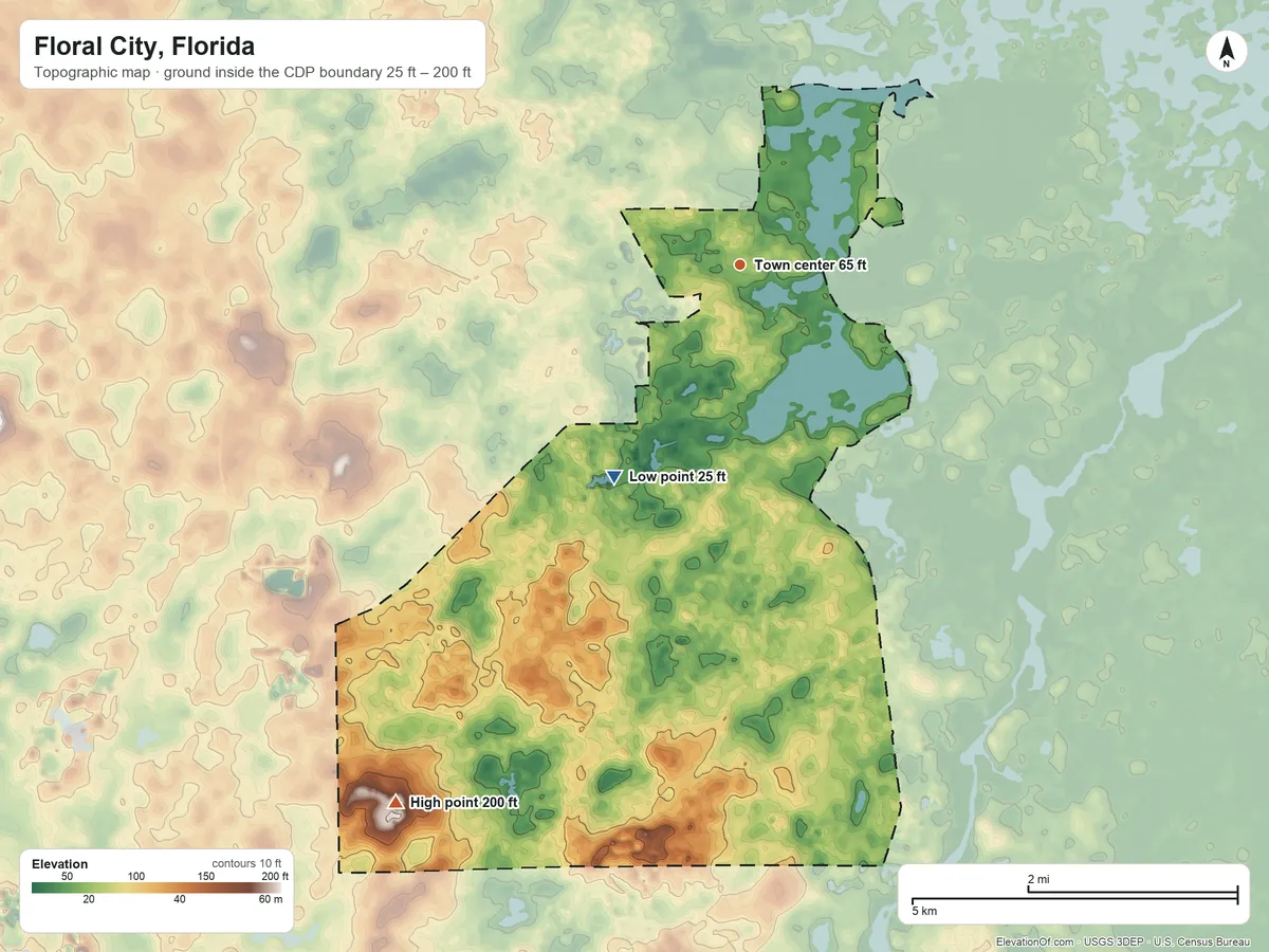 Topographic elevation map of Floral City, Florida, shaded from 25 ft on the southwest side to 200 ft on the southwest side