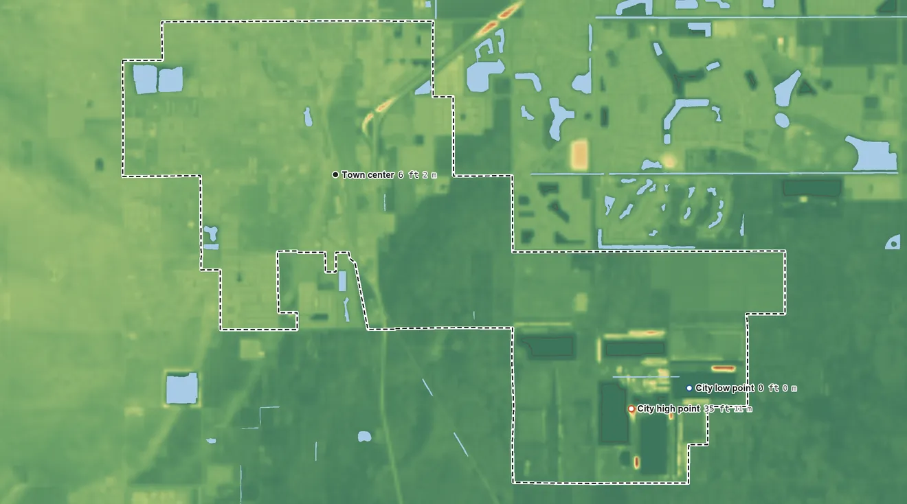 Topographic elevation map of Florida City, Florida, shaded from 0 ft on the southeast side to 35 ft on the southeast side