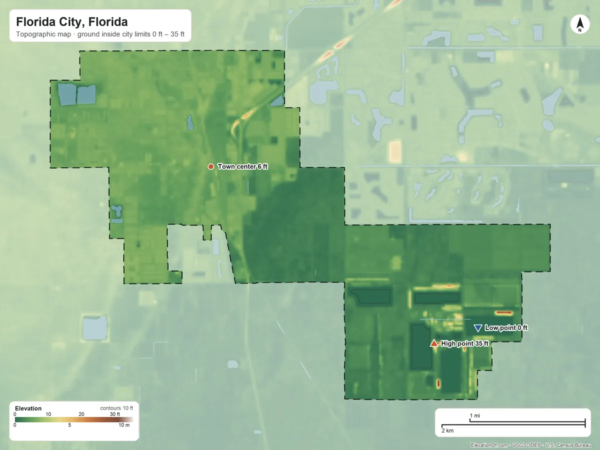 Topographic elevation map of Florida City, Florida, shaded from 0 ft on the southeast side to 35 ft on the southeast side