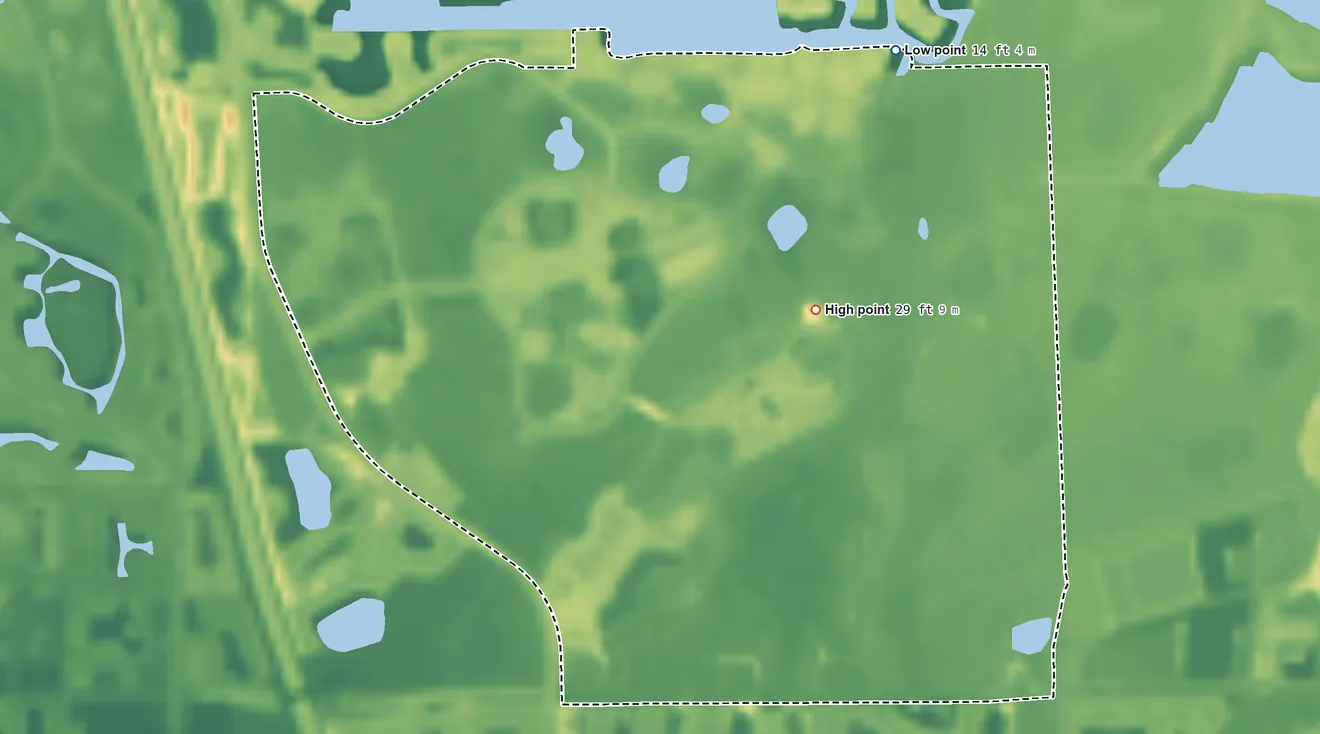 Topographic elevation map of Florida Gulf Coast University, Florida, shaded from 14 ft on the north side to 29 ft on the north side
