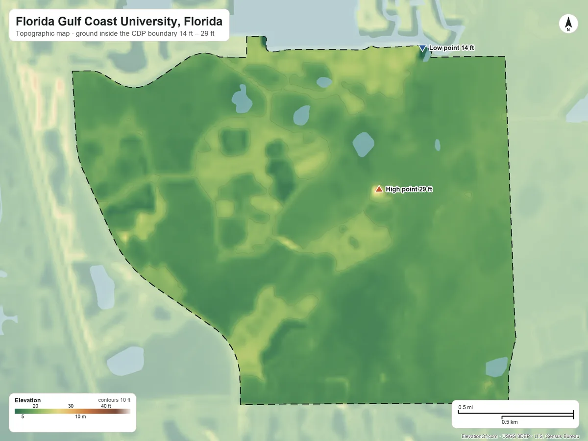 Topographic elevation map of Florida Gulf Coast University, Florida, shaded from 14 ft on the north side to 29 ft on the north side