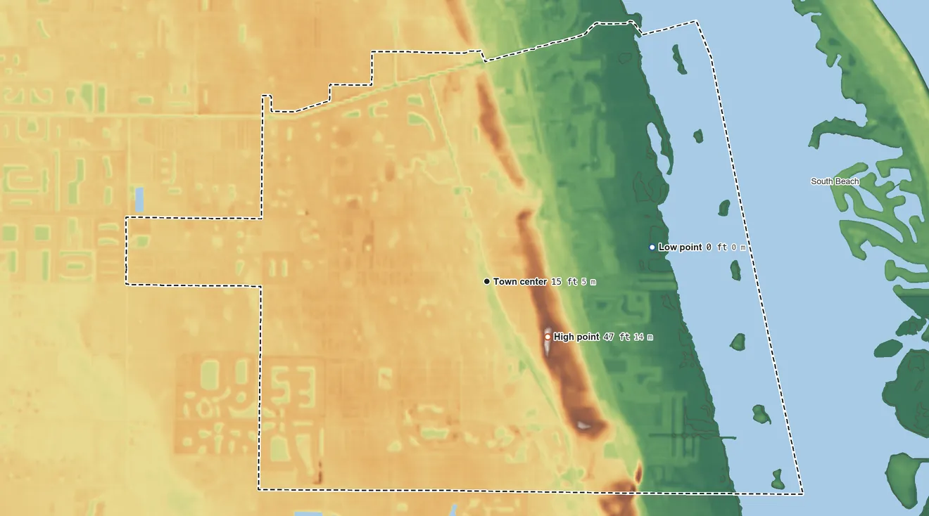 Topographic elevation map of Florida Ridge, Florida, shaded from 0 ft on the east side to 47 ft near the middle
