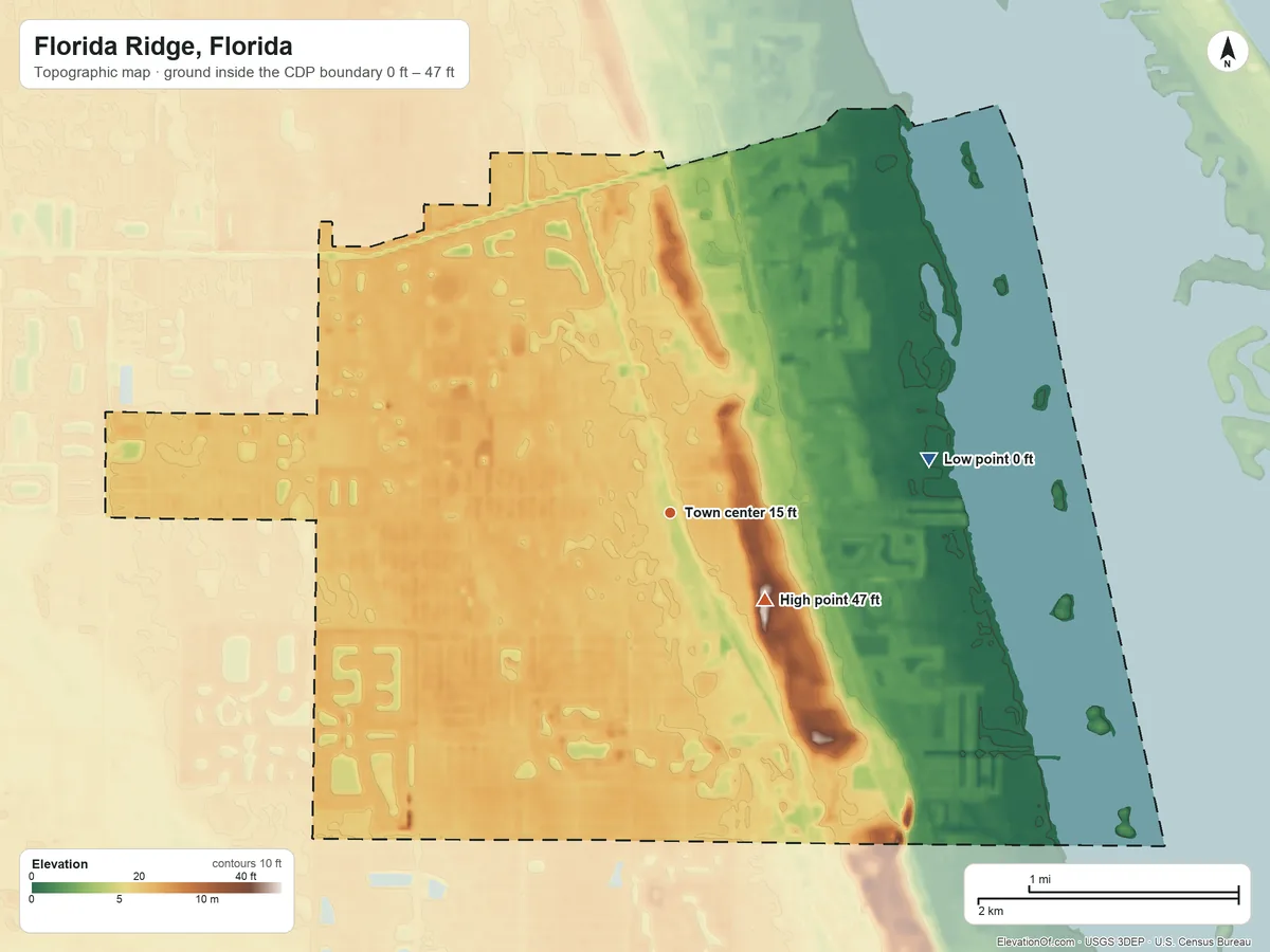 Topographic elevation map of Florida Ridge, Florida, shaded from 0 ft on the east side to 47 ft near the middle