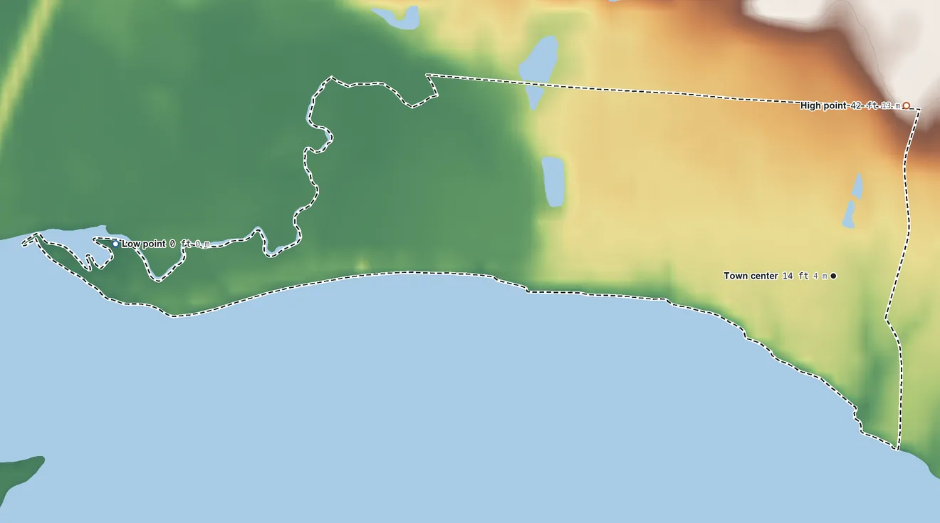 Topographic elevation map of Floridatown, Florida, shaded from sea level level on Escambia Bay to 42 ft on the northeast side