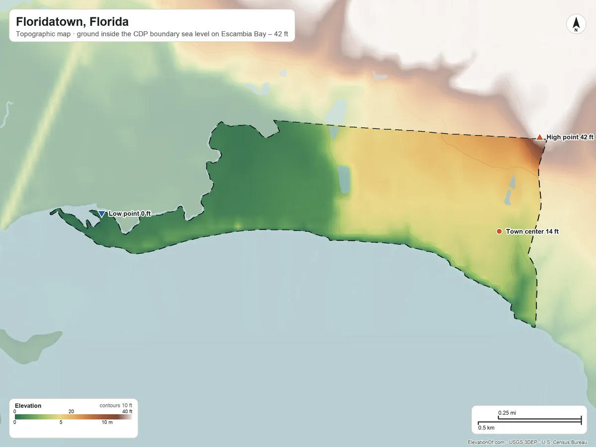 Topographic elevation map of Floridatown, Florida, shaded from sea level level on Escambia Bay to 42 ft on the northeast side