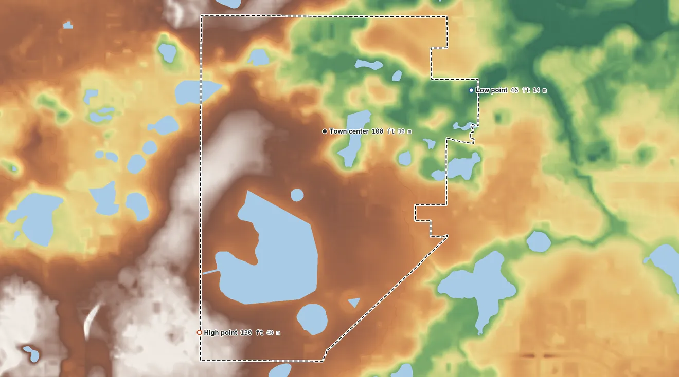 Topographic elevation map of Forest City, Florida, shaded from 46 ft on the east side to 130 ft on the southwest side