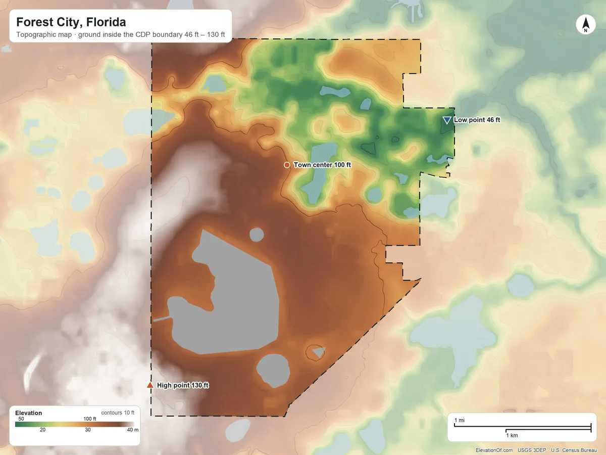 Topographic elevation map of Forest City, Florida, shaded from 46 ft on the east side to 130 ft on the southwest side