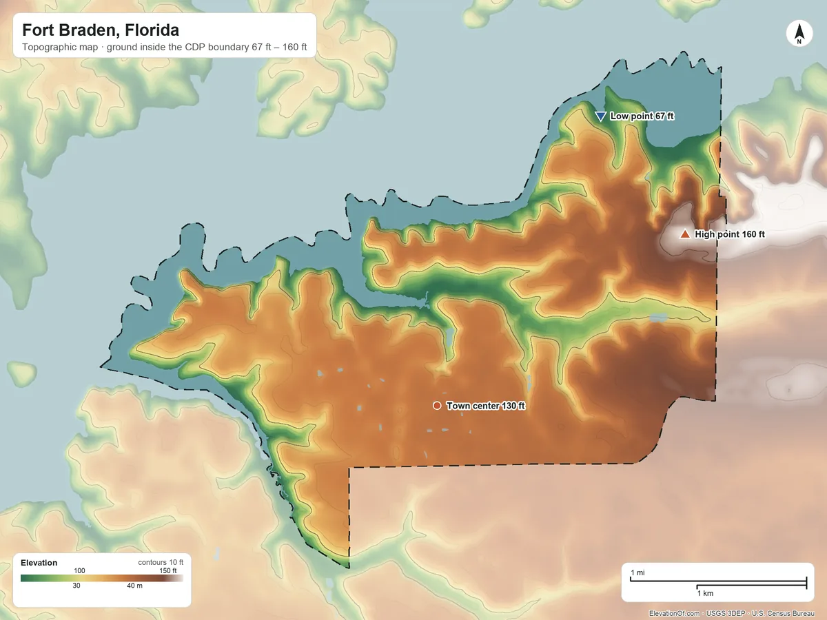 Topographic elevation map of Fort Braden, Florida, shaded from 67 ft on the northeast side to 160 ft on the northeast side