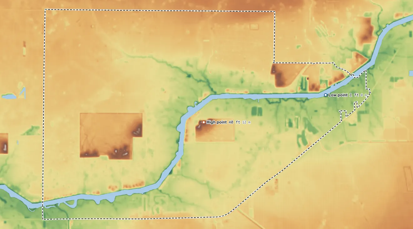 Topographic elevation map of Fort Denaud, Florida, shaded from 1 ft on the east side to 40 ft near the middle