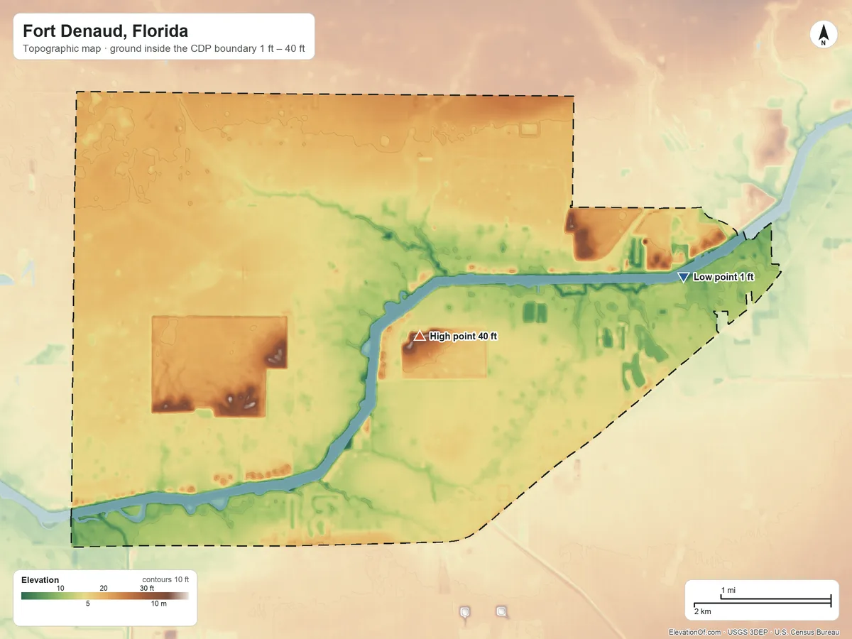 Topographic elevation map of Fort Denaud, Florida, shaded from 1 ft on the east side to 40 ft near the middle