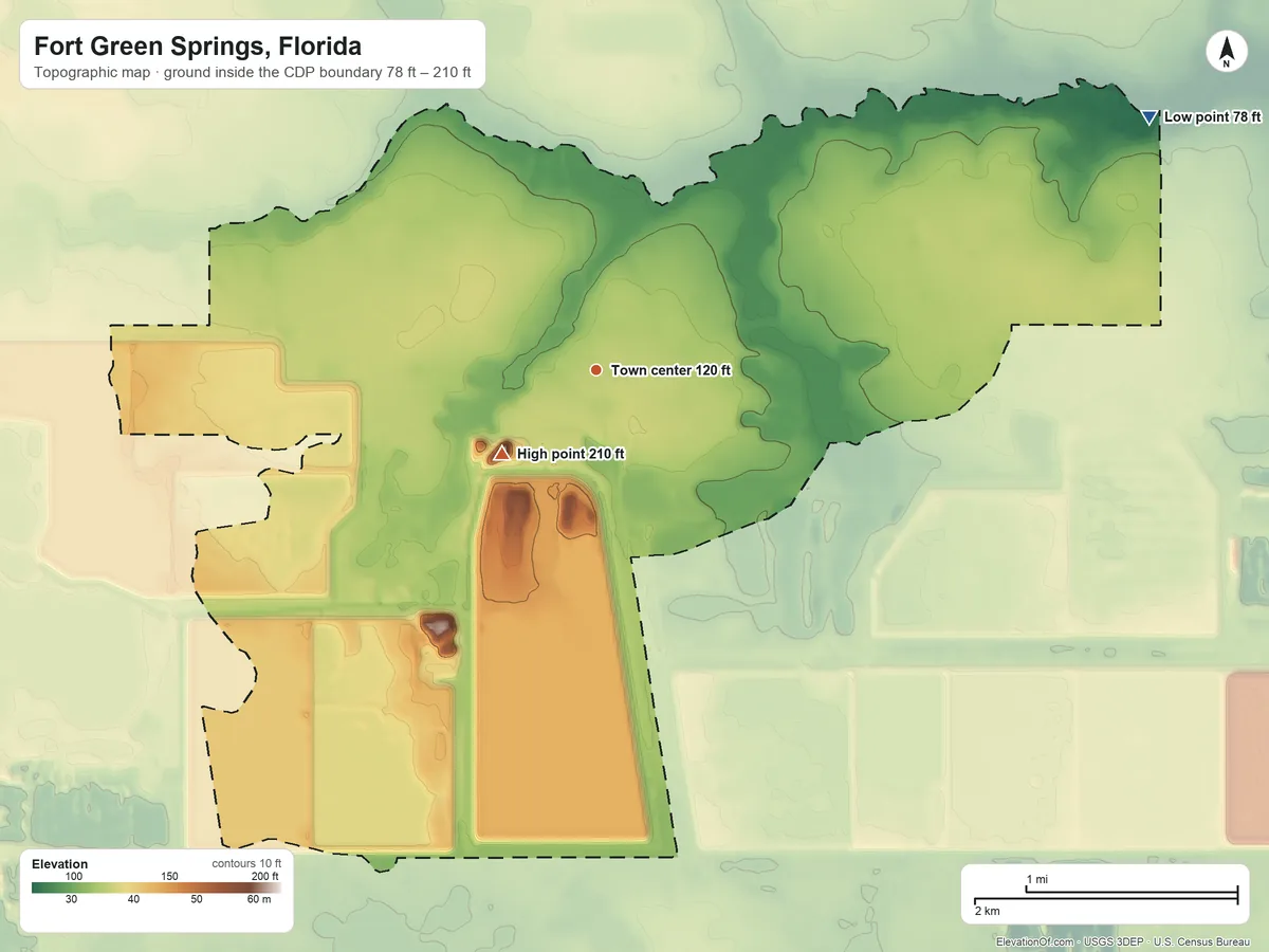 Topographic elevation map of Fort Green Springs, Florida, shaded from 78 ft on the northeast side to 210 ft near the middle