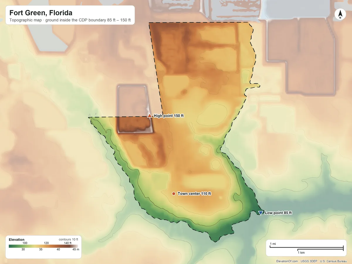 Topographic elevation map of Fort Green, Florida, shaded from 85 ft on the east side to 150 ft on the north side