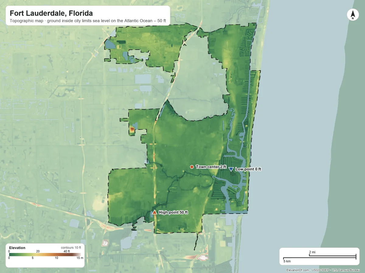 Topographic elevation map of Fort Lauderdale, Florida, shaded from sea level level on the Atlantic Ocean to 50 ft on the southwest side