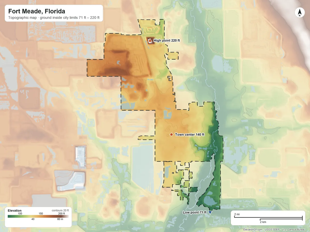 Topographic elevation map of Fort Meade, Florida, shaded from 71 ft on the southeast side to 220 ft on the north side
