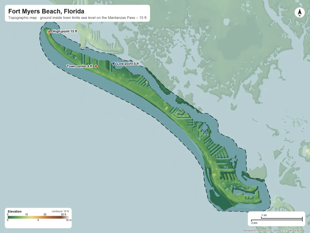 Topographic elevation map of Fort Myers Beach, Florida, shaded from sea level level on the Mantanzas Pass to 15 ft on the northwest side
