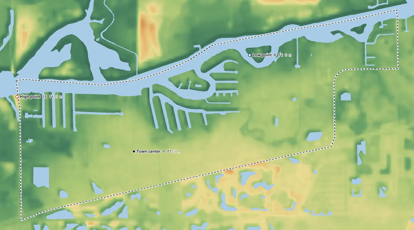 Topographic elevation map of Fort Myers Shores, Florida, shaded from 0 ft on the northeast side to 18 ft on the northwest side