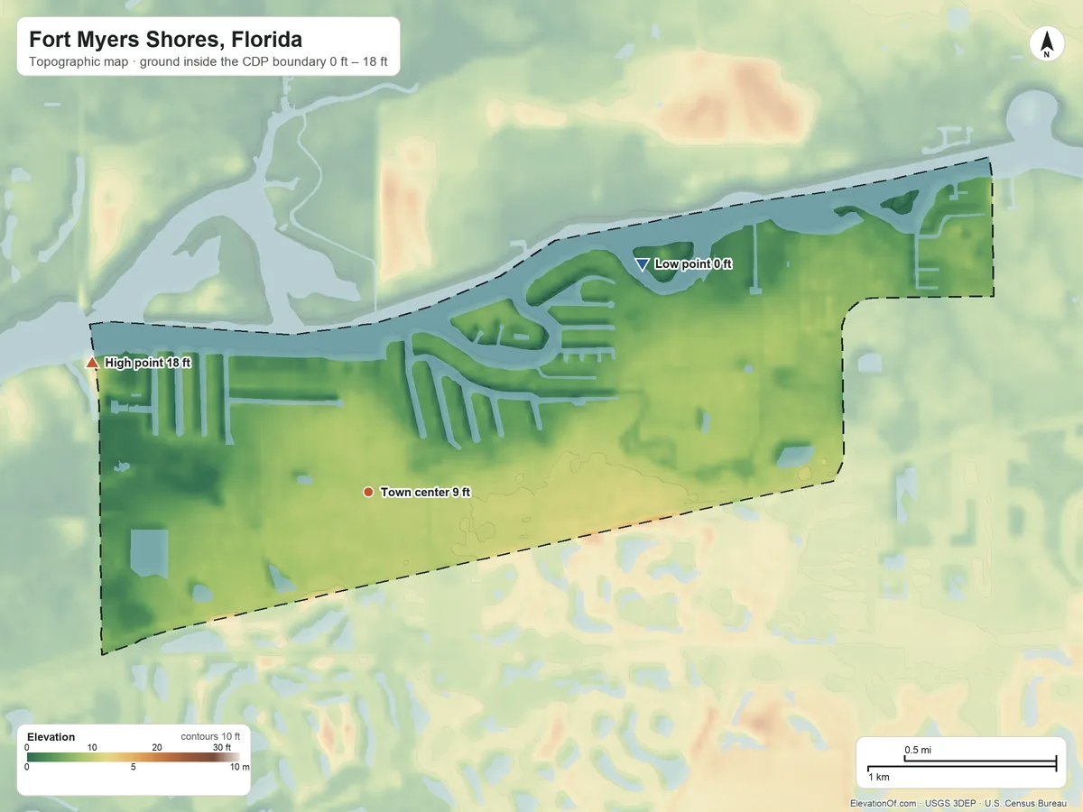 Topographic elevation map of Fort Myers Shores, Florida, shaded from 0 ft on the northeast side to 18 ft on the northwest side