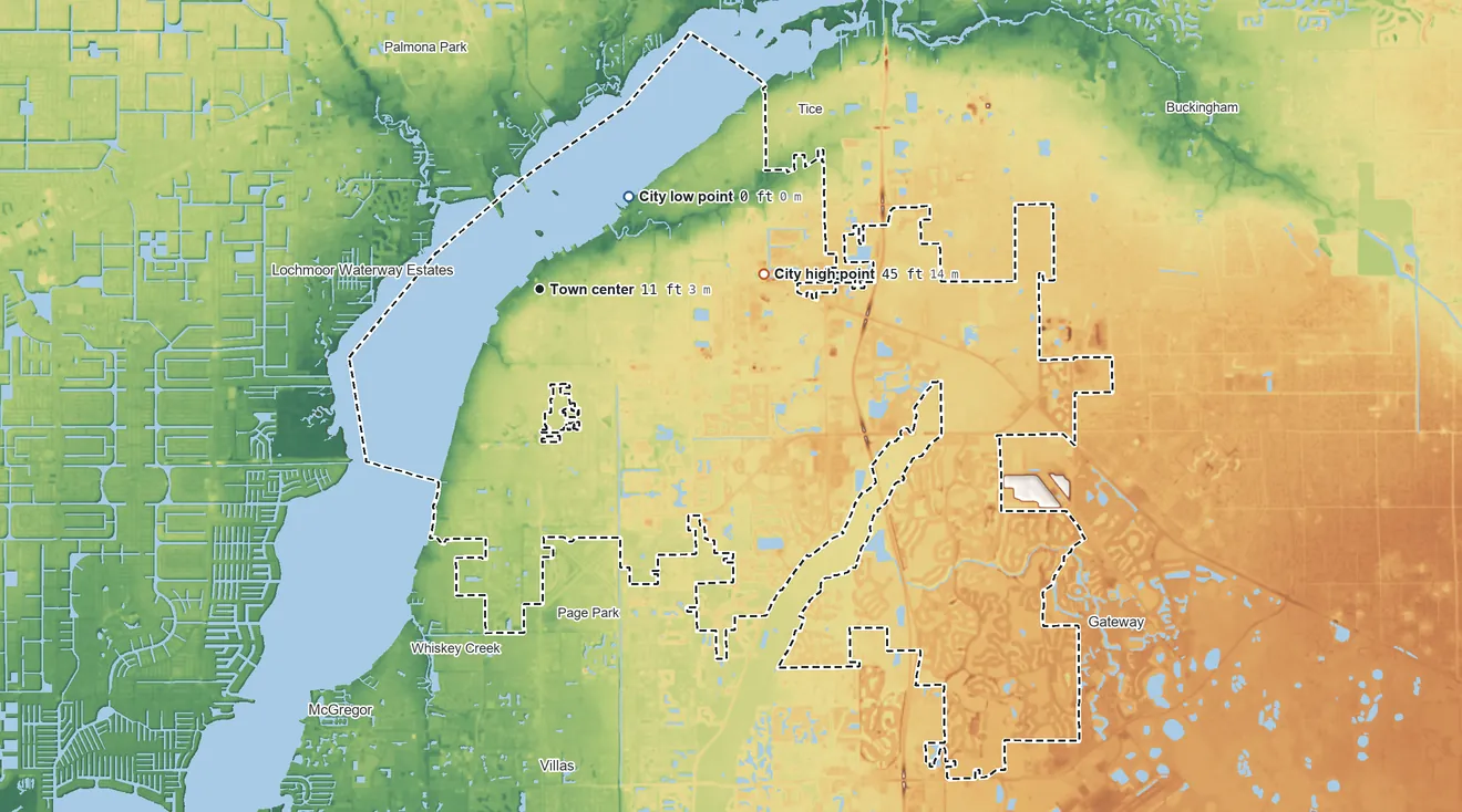 Topographic elevation map of Fort Myers, Florida, shaded from 0 ft on the northeast side to 45 ft on the east side