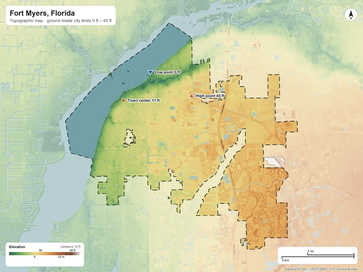 Topographic elevation map of Fort Myers, Florida, shaded from 0 ft on the northeast side to 45 ft on the east side