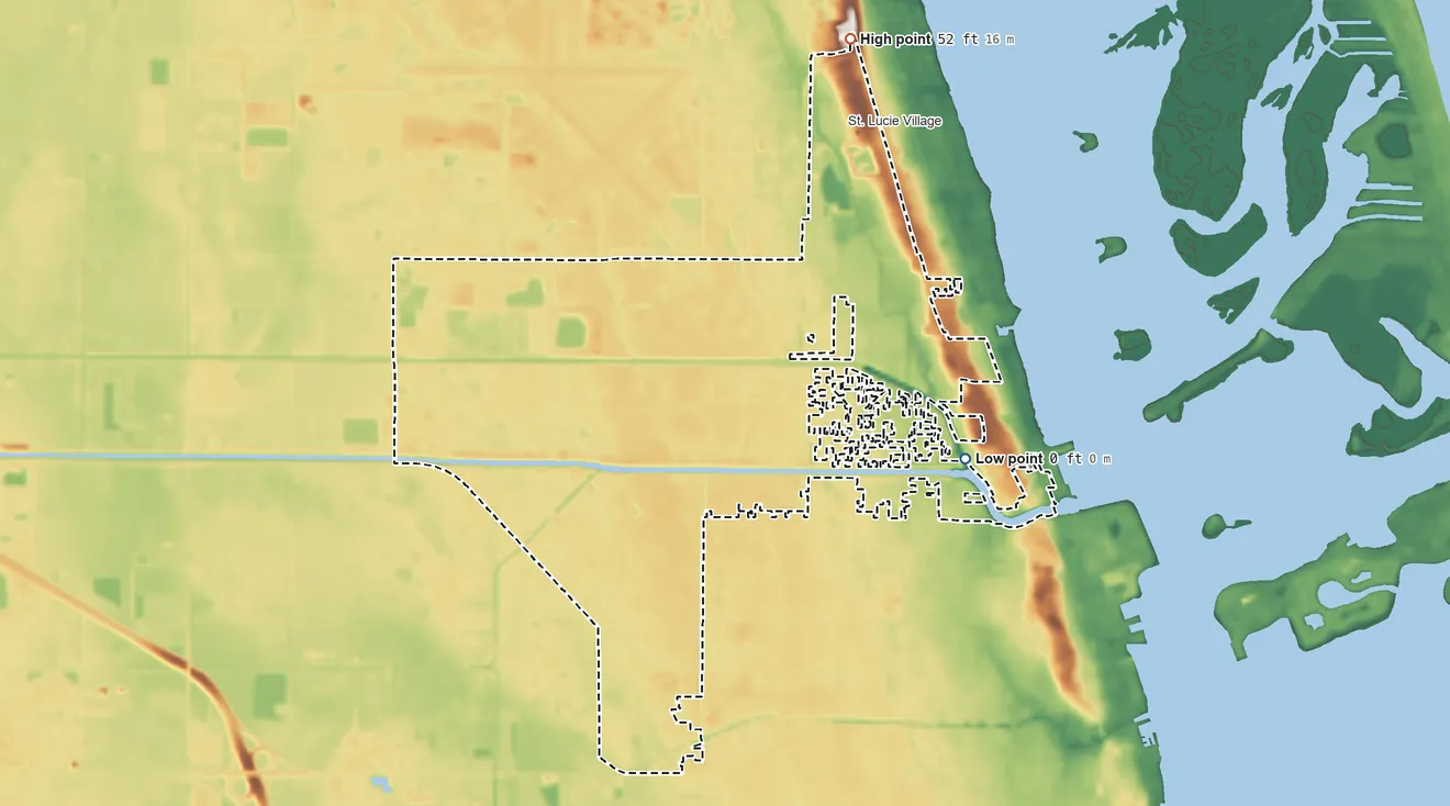 Topographic elevation map of Fort Pierce North, Florida, shaded from 0 ft on the east side to 52 ft on the north side
