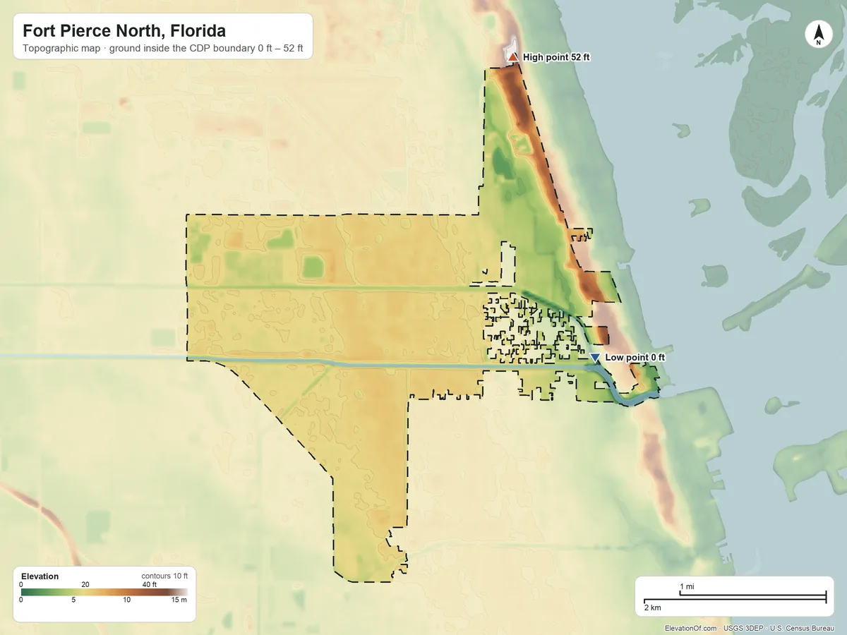Topographic elevation map of Fort Pierce North, Florida, shaded from 0 ft on the east side to 52 ft on the north side