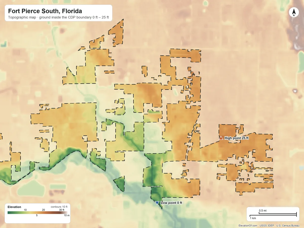 Topographic elevation map of Fort Pierce South, Florida, shaded from 0 ft on the south side to 25 ft on the east side