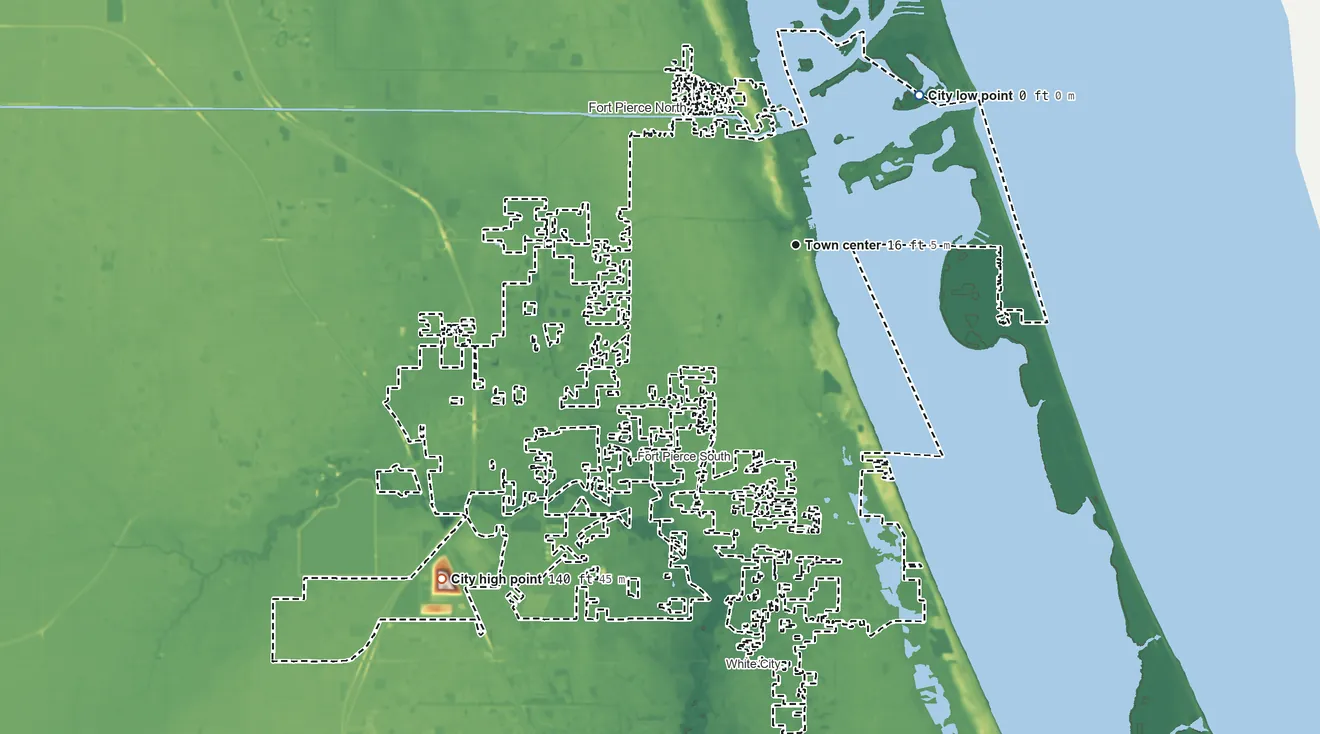 Topographic elevation map of Fort Pierce, Florida, shaded from sea level level on the Atlantic Ocean to 140 ft on the southwest side