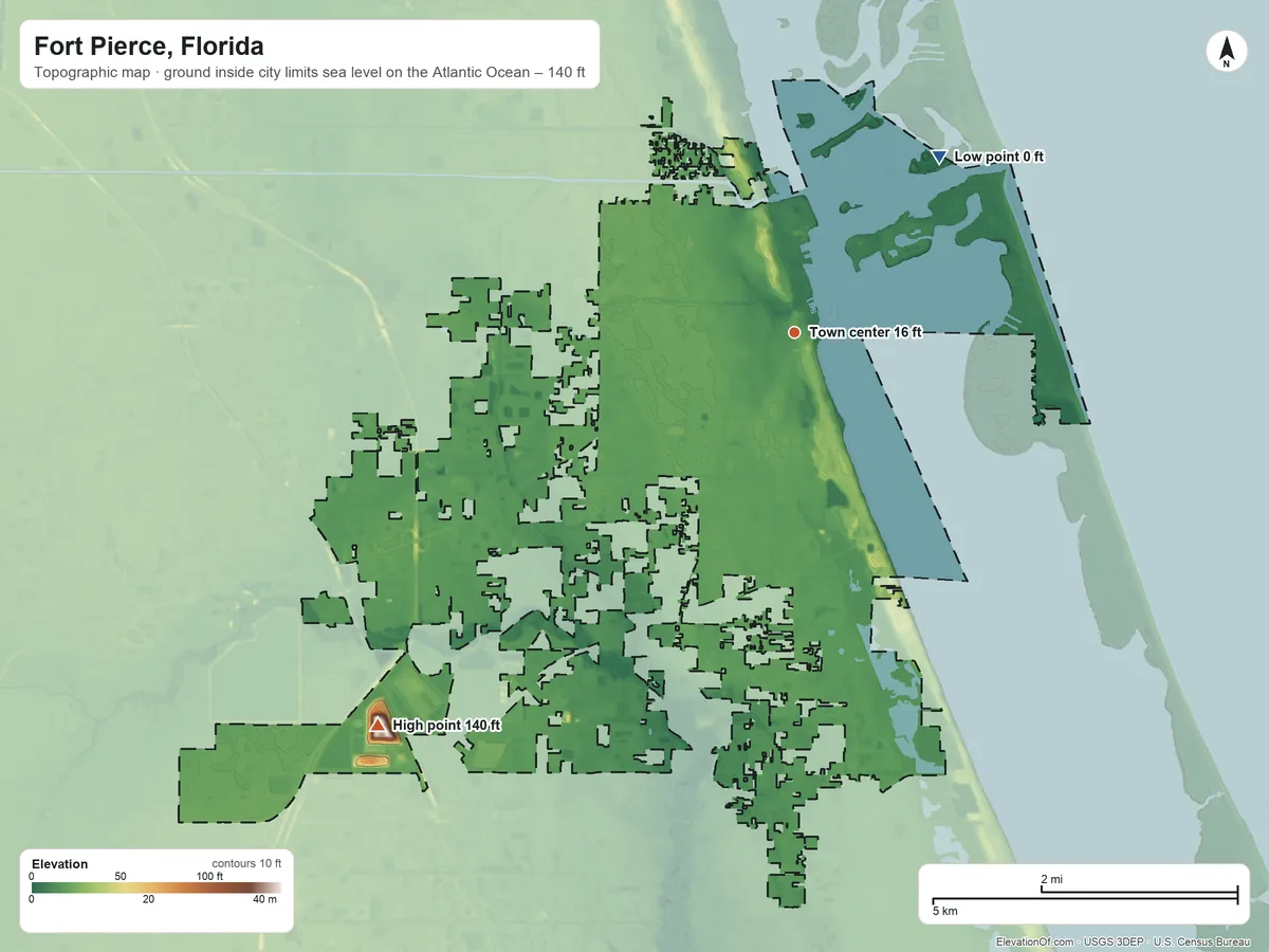 Topographic elevation map of Fort Pierce, Florida, shaded from sea level level on the Atlantic Ocean to 140 ft on the southwest side