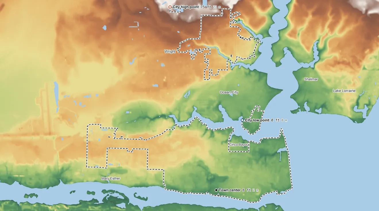 Topographic elevation map of Fort Walton Beach, Florida, shaded from sea level level on the Cinco Bayou to 75 ft on the north side