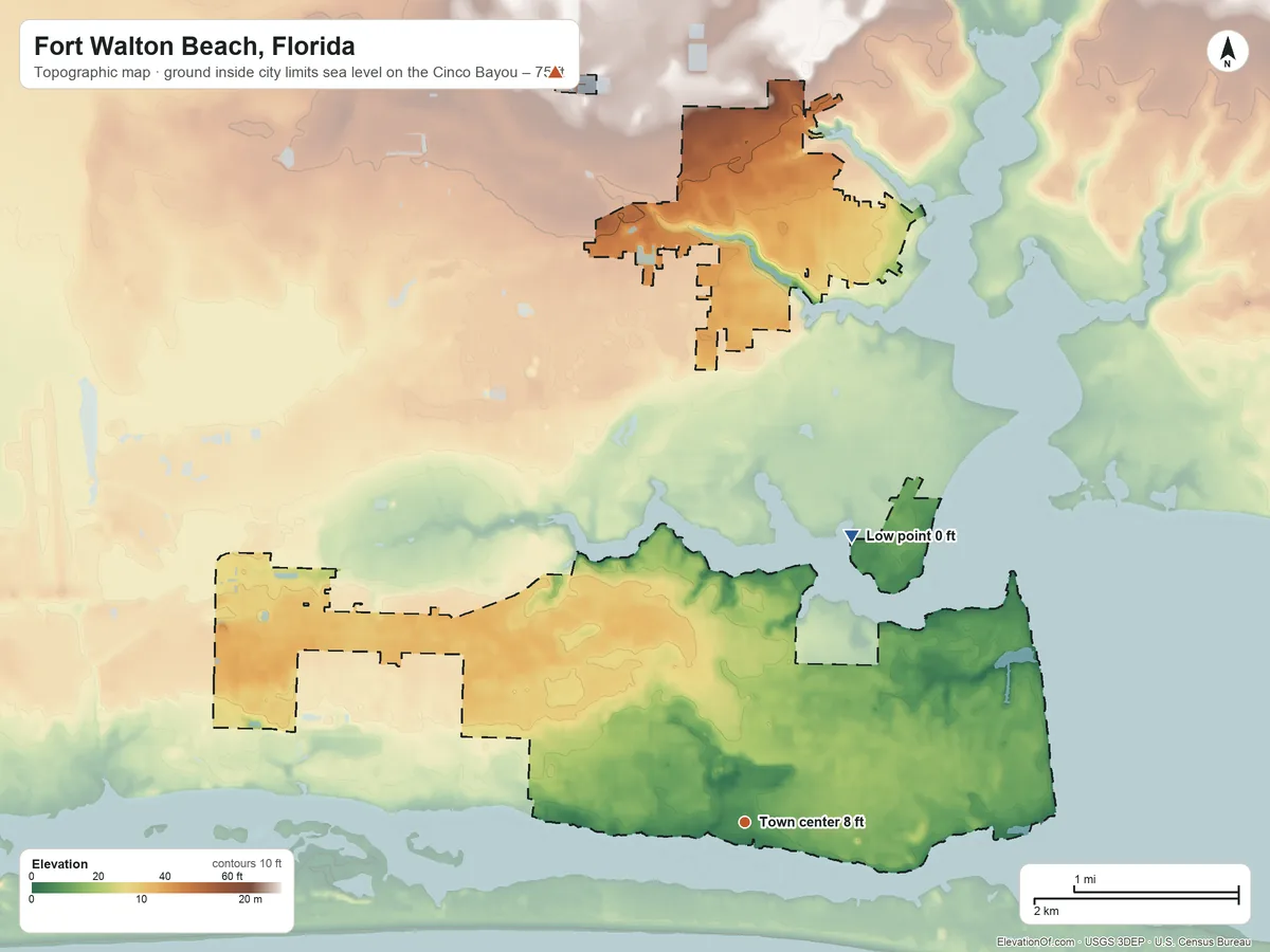 Topographic elevation map of Fort Walton Beach, Florida, shaded from sea level level on the Cinco Bayou to 75 ft on the north side