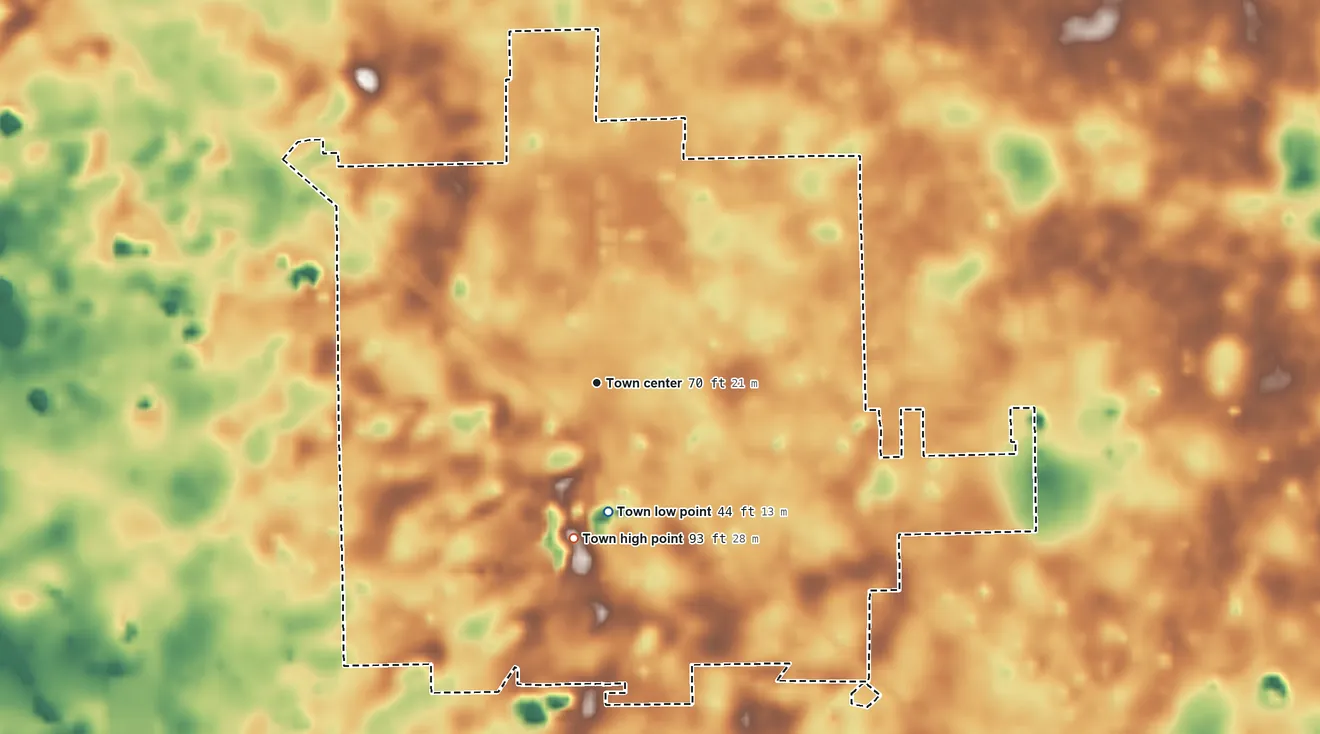 Topographic elevation map of Fort White, Florida, shaded from 44 ft on the south side to 93 ft on the south side
