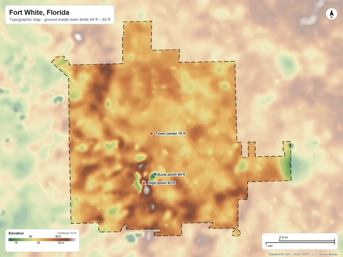Topographic elevation map of Fort White, Florida, shaded from 44 ft on the south side to 93 ft on the south side