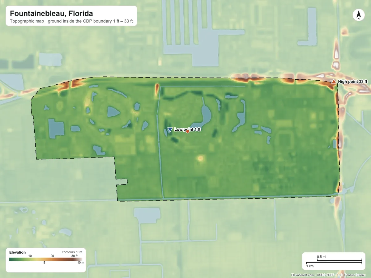 Topographic elevation map of Fountainebleau, Florida, shaded from 1 ft near the middle to 33 ft on the east side