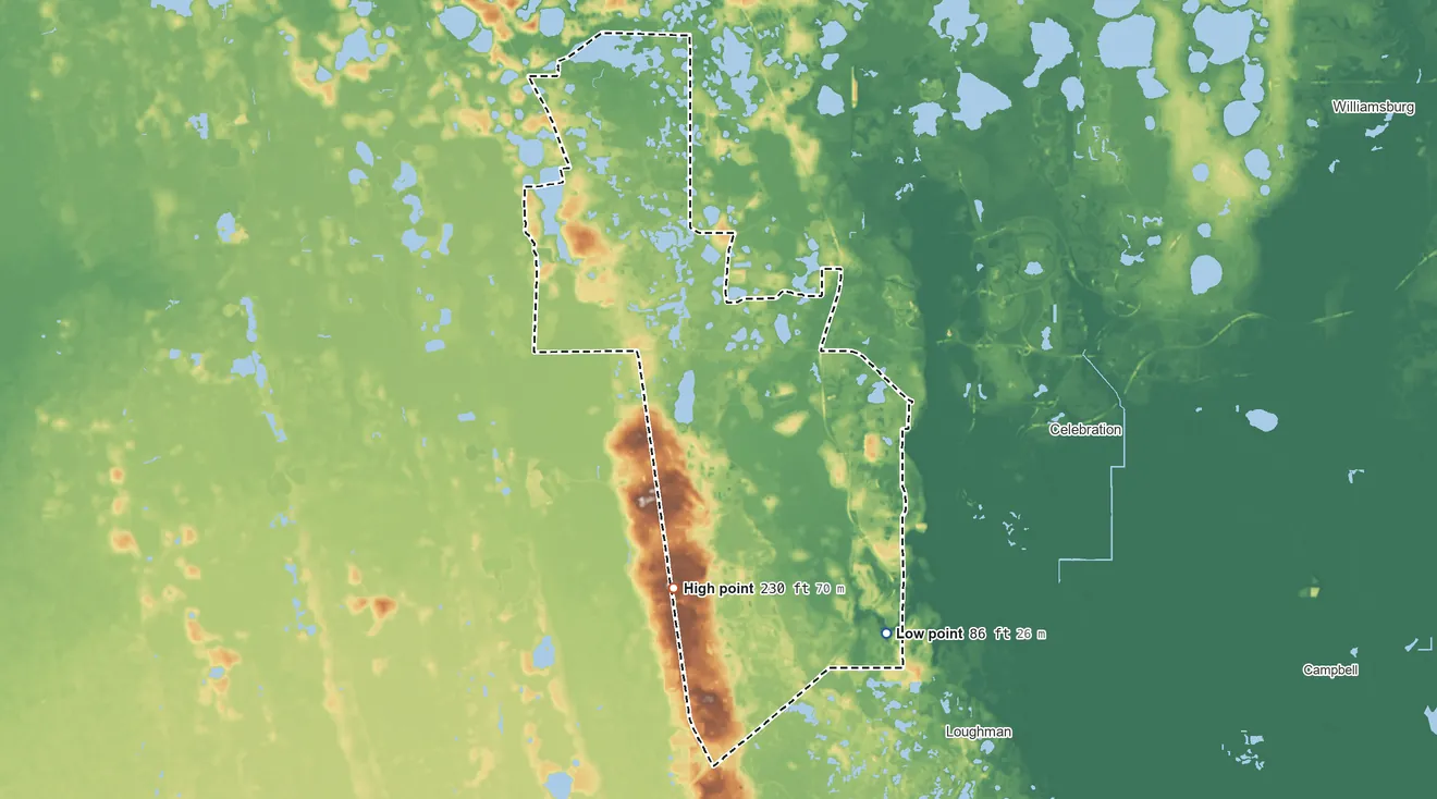 Topographic elevation map of Four Corners, Florida, shaded from 86 ft on the southeast side to 230 ft on the south side