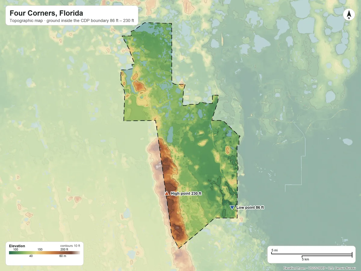 Topographic elevation map of Four Corners, Florida, shaded from 86 ft on the southeast side to 230 ft on the south side