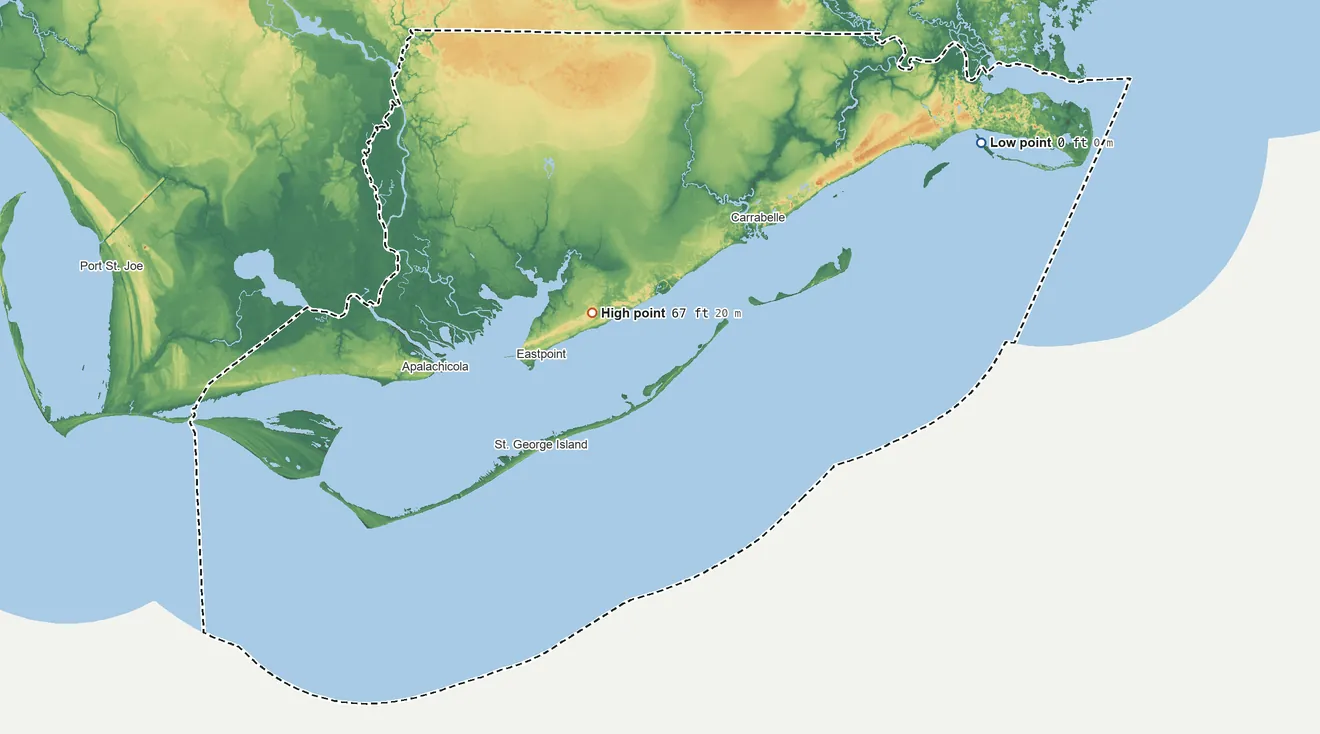 Topographic elevation map of Franklin County, Florida, shaded from sea level on Alligator Harbor to 67 ft near the middle