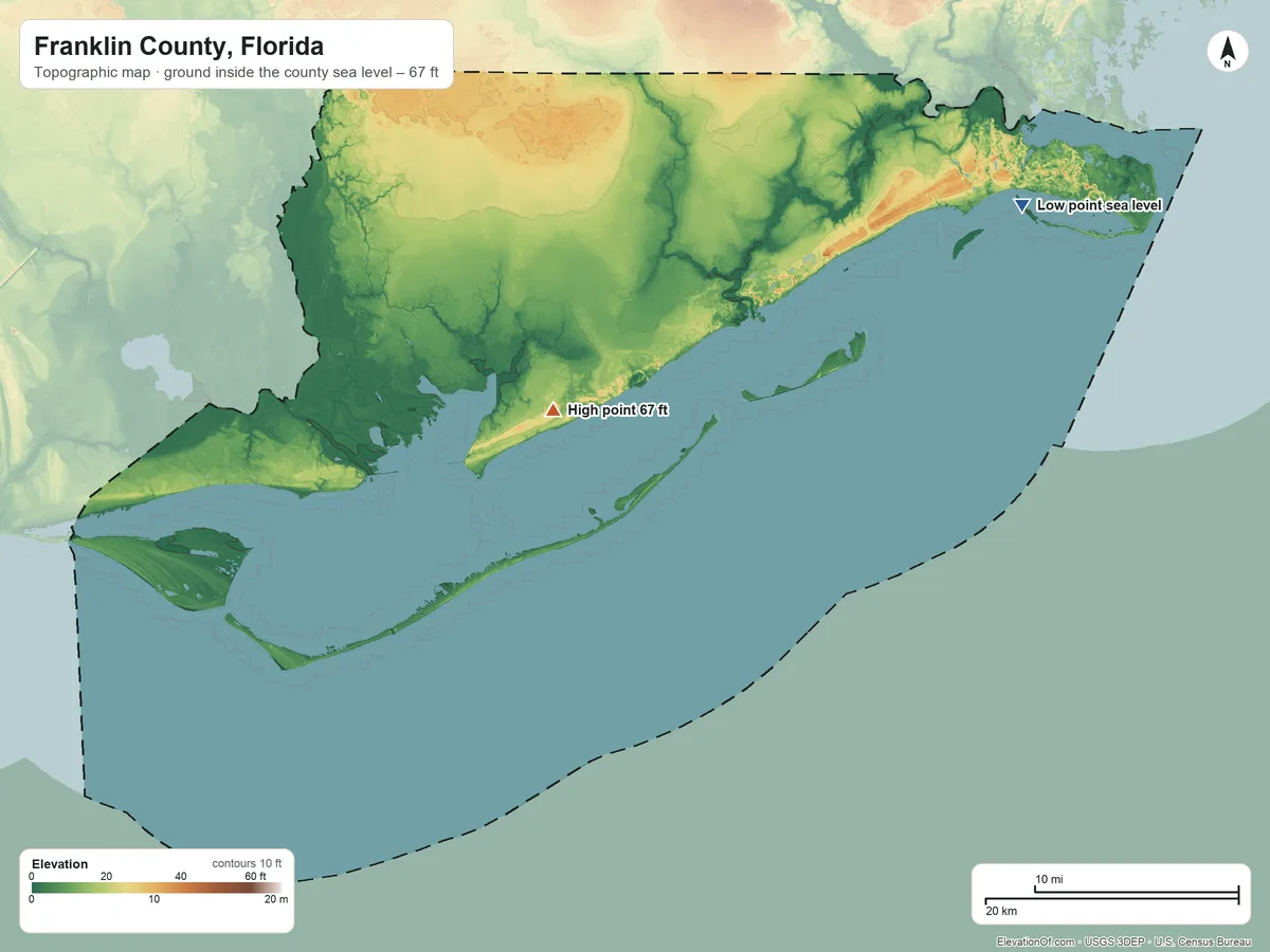 Topographic elevation map of Franklin County, Florida, shaded from sea level on Alligator Harbor to 67 ft near the middle