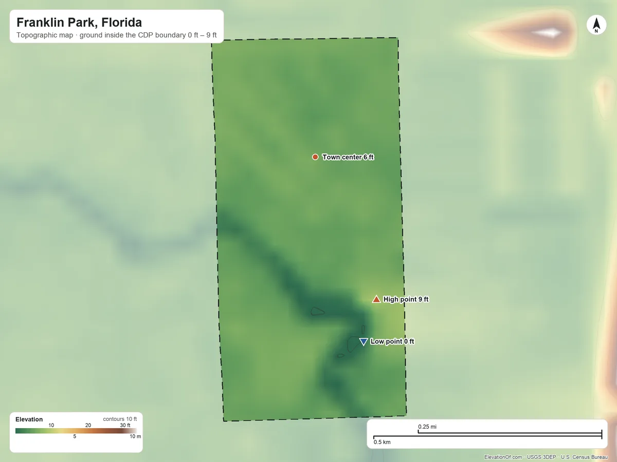 Topographic elevation map of Franklin Park, Florida, shaded from 0 ft on the south side to 9 ft on the southeast side