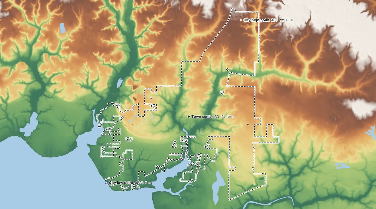 Topographic elevation map of Freeport, Florida, shaded from sea level level on Choctawhatchee Bay to 130 ft on the northeast side