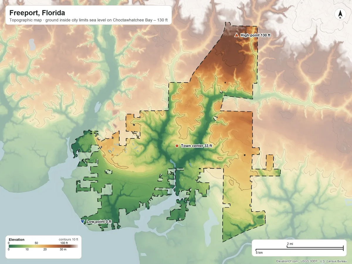 Topographic elevation map of Freeport, Florida, shaded from sea level level on Choctawhatchee Bay to 130 ft on the northeast side