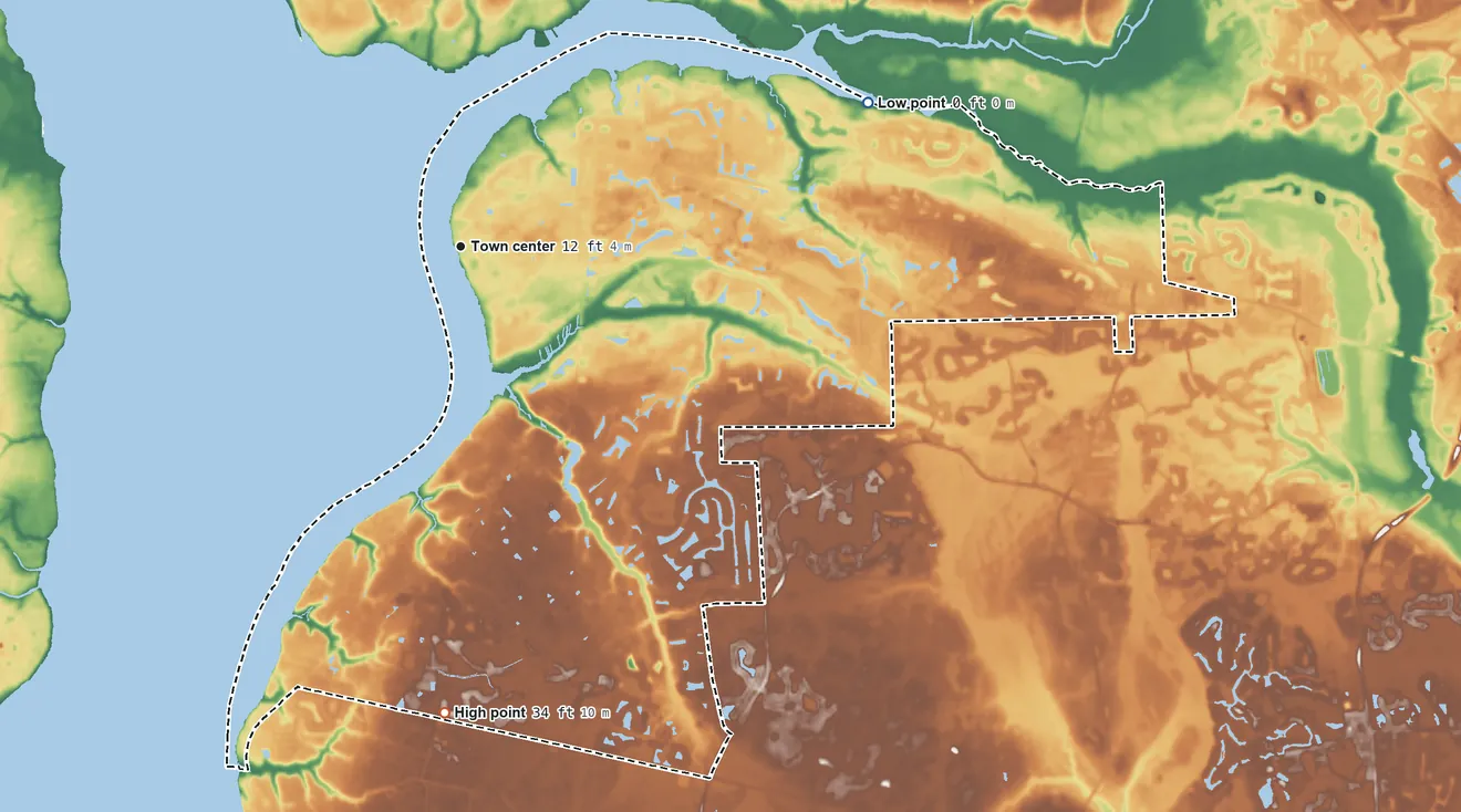 Topographic elevation map of Fruit Cove, Florida, shaded from 0 ft on the east side to 34 ft on the south side