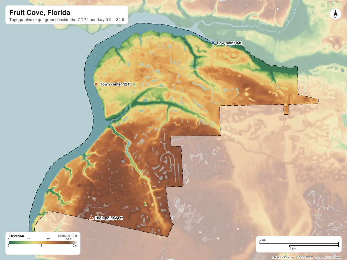 Topographic elevation map of Fruit Cove, Florida, shaded from 0 ft on the east side to 34 ft on the south side