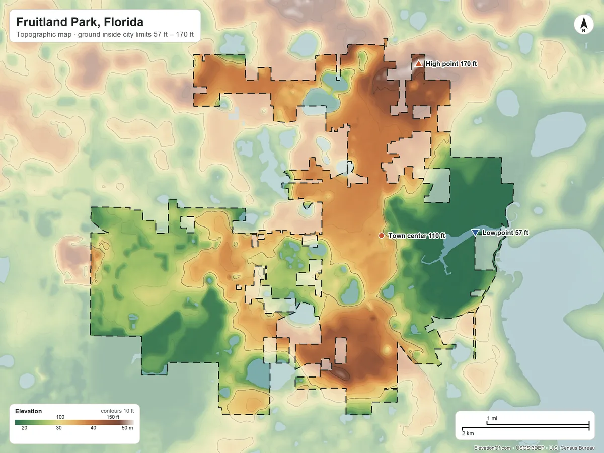Topographic elevation map of Fruitland Park, Florida, shaded from 57 ft on the east side to 170 ft on the north side