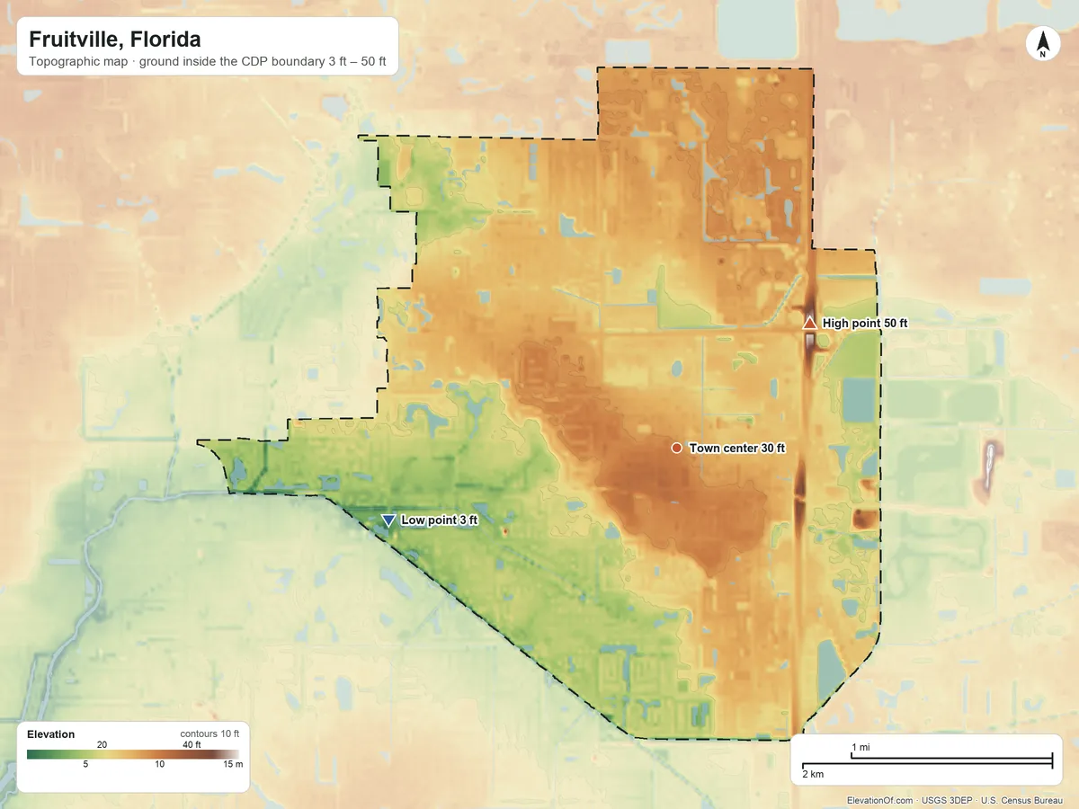 Topographic elevation map of Fruitville, Florida, shaded from 3 ft on the west side to 50 ft on the northeast side