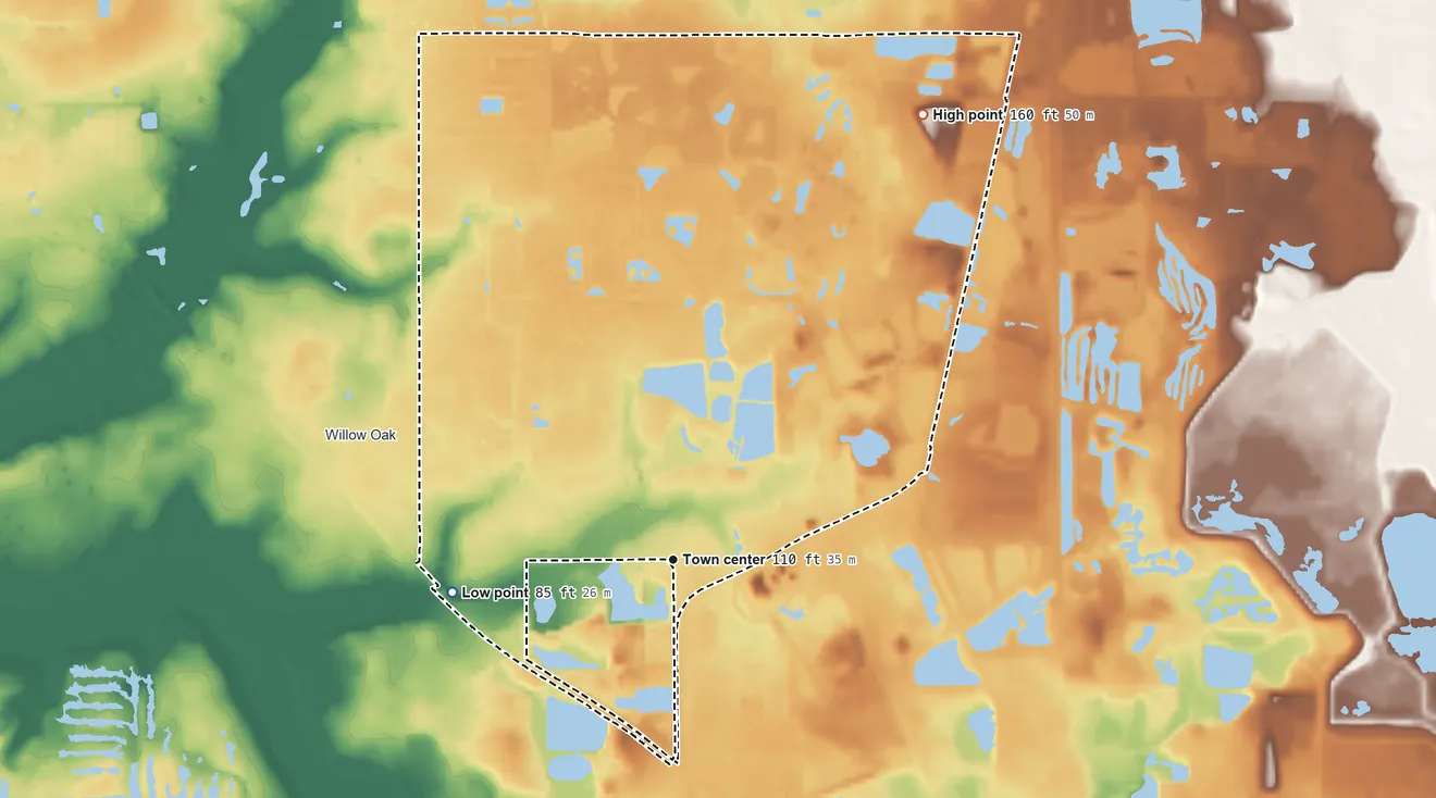 Topographic elevation map of Fuller Heights, Florida, shaded from 85 ft on the west side to 160 ft on the northeast side