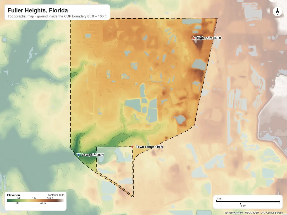 Topographic elevation map of Fuller Heights, Florida, shaded from 85 ft on the west side to 160 ft on the northeast side